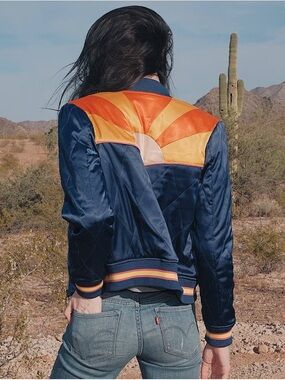 Women’s Navy Satin Bomber Jacket with Sunset Patch NWOT